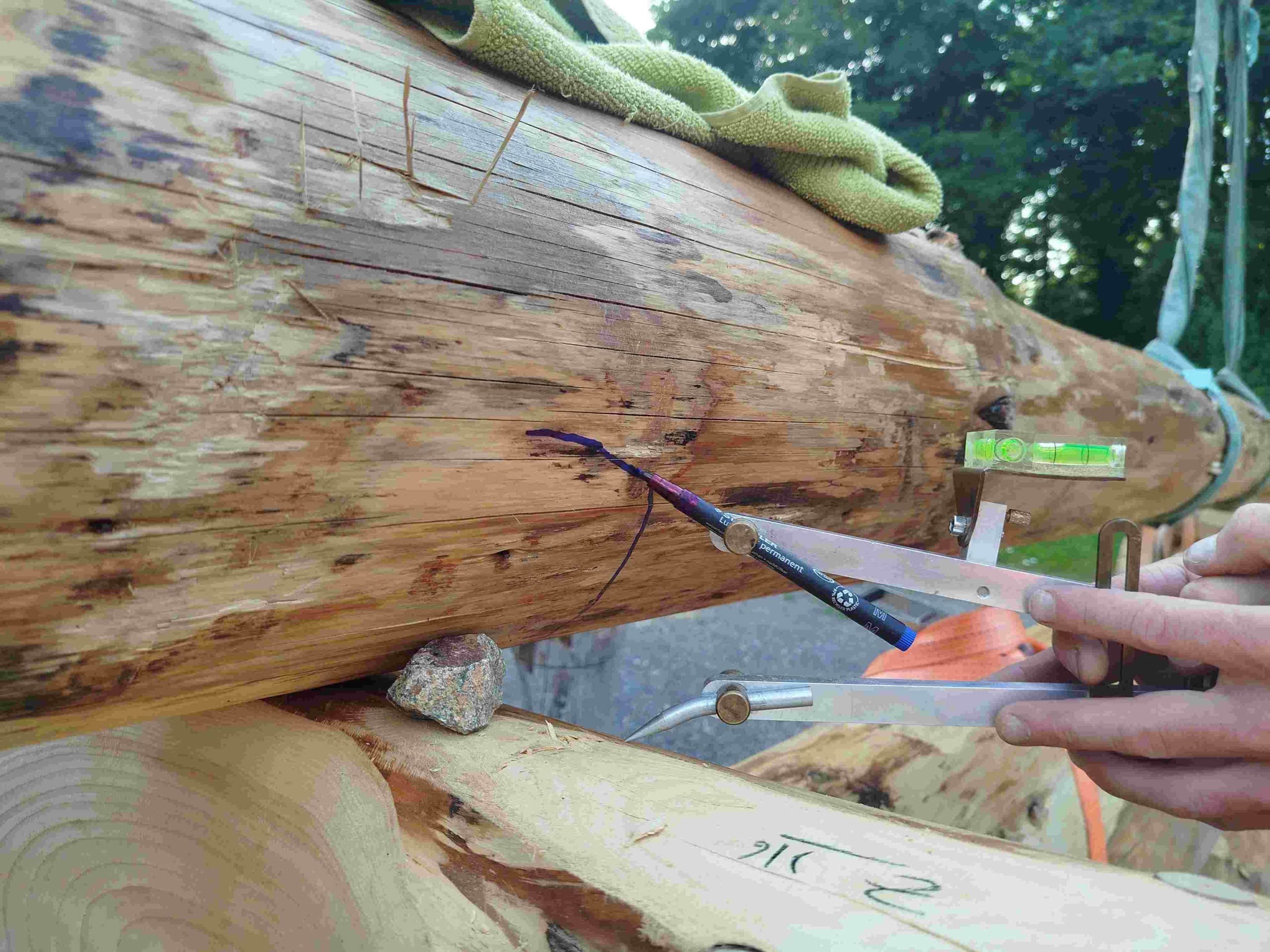 traçage au compas du fustier sur rondin de pin douglas bois brut à l'atelier TST, fustier constructeur de maisons en rondins près de Nantes